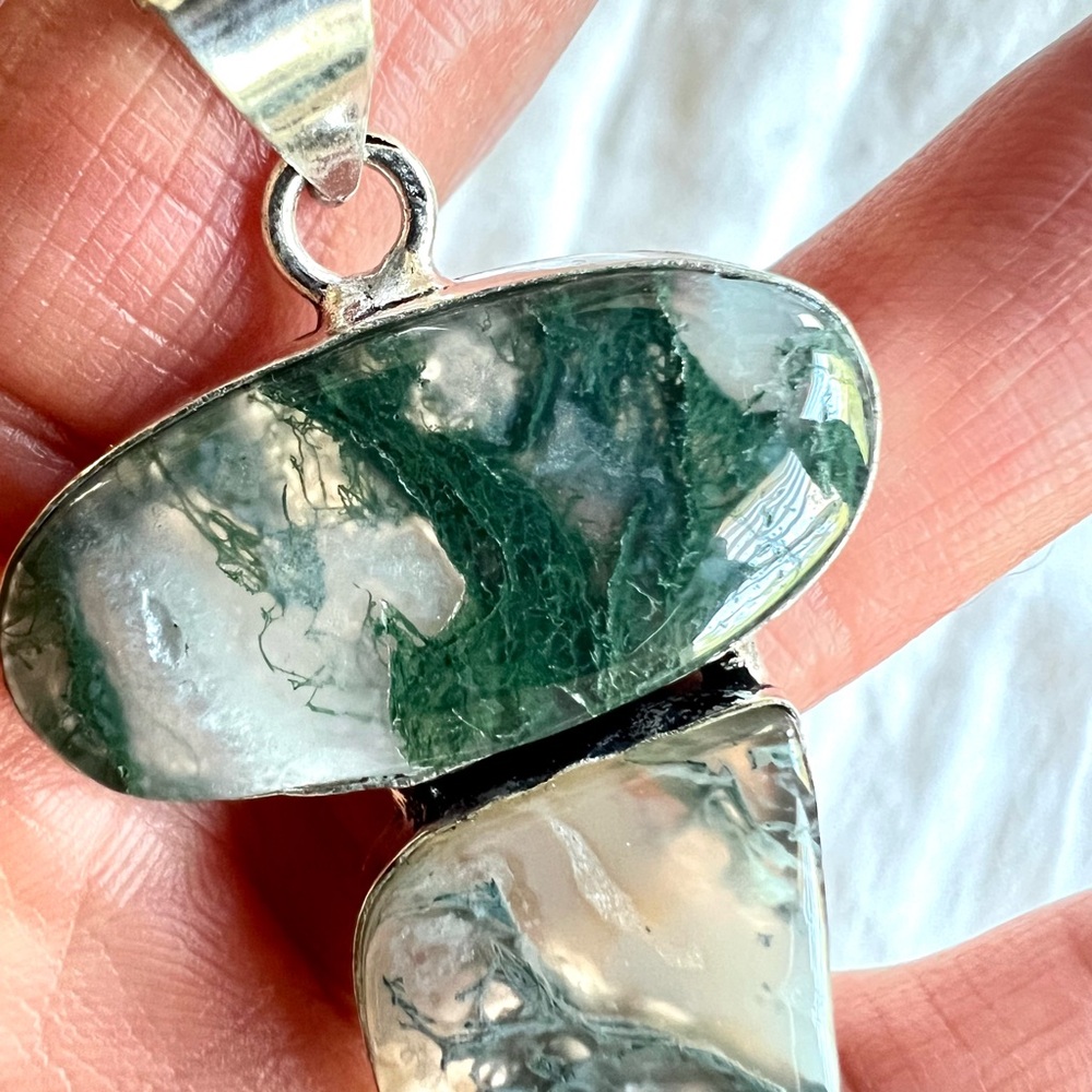 925 Earth Stone Moss Agate Pendant Necklace - Picture 5 of 7